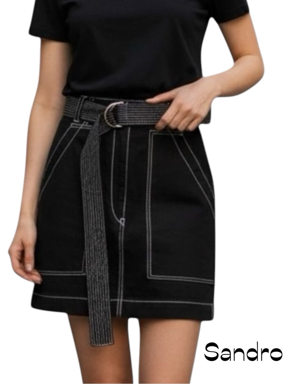 Sandro Paris Black Belted Mini Jean Skirt NWOT Size 2 Designer Luxury